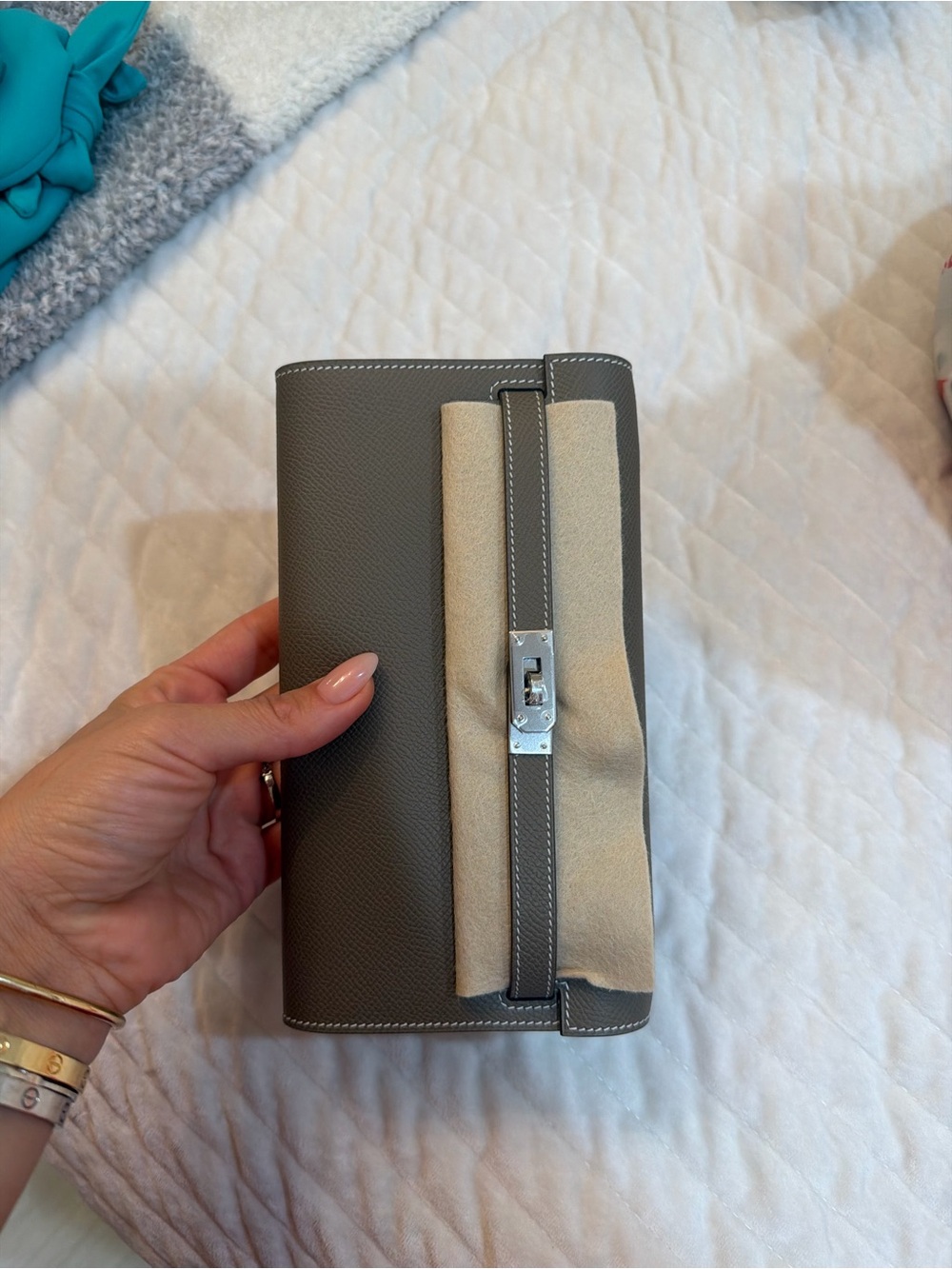 Grey Leather Wallet Clutch with Beige Accent